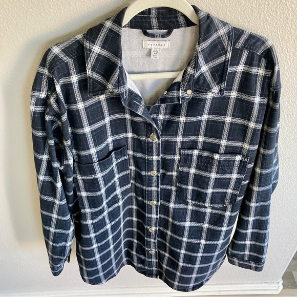 TOPSHOP Oversized Plaid Shacket Shirt Jacket Denim Navy Blue 6 EB - Picture 5 of 16